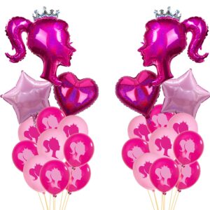30pcs hot pink princess doll foil balloon pink heart star balloons girl head latex globos kit for princess party decorations makeup bachelorette photo backdrop little girl adult birthday supply