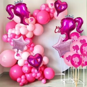 30pcs Hot Pink Princess Doll Foil Balloon Pink Heart Star Balloons Girl Head Latex Globos Kit For Princess Party Decorations Makeup Bachelorette Photo Backdrop Little Girl Adult Birthday Supply