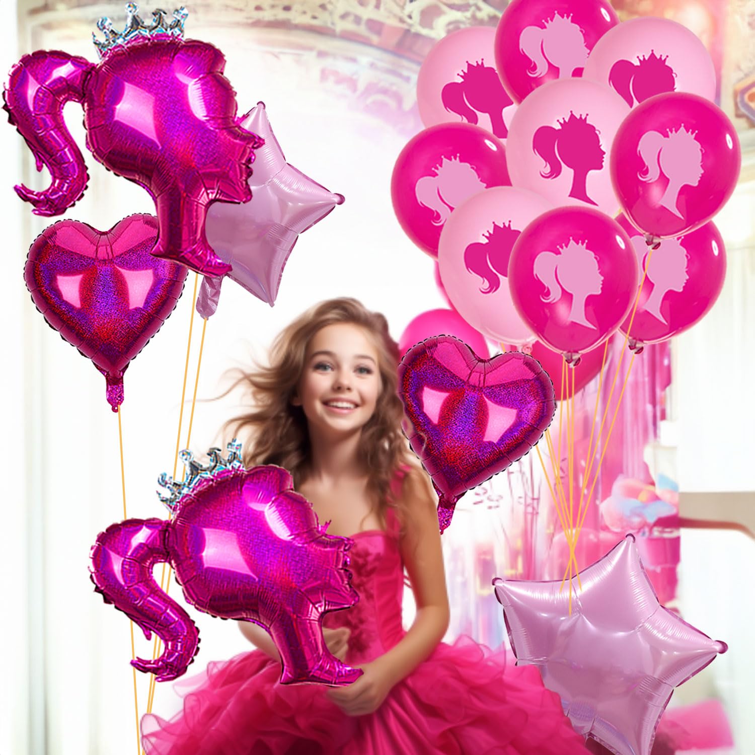 30pcs Hot Pink Princess Doll Foil Balloon Pink Heart Star Balloons Girl Head Latex Globos Kit For Princess Party Decorations Makeup Bachelorette Photo Backdrop Little Girl Adult Birthday Supply