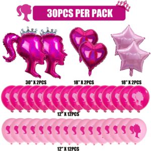 30pcs Hot Pink Princess Doll Foil Balloon Pink Heart Star Balloons Girl Head Latex Globos Kit For Princess Party Decorations Makeup Bachelorette Photo Backdrop Little Girl Adult Birthday Supply