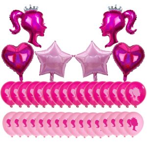 30pcs Hot Pink Princess Doll Foil Balloon Pink Heart Star Balloons Girl Head Latex Globos Kit For Princess Party Decorations Makeup Bachelorette Photo Backdrop Little Girl Adult Birthday Supply