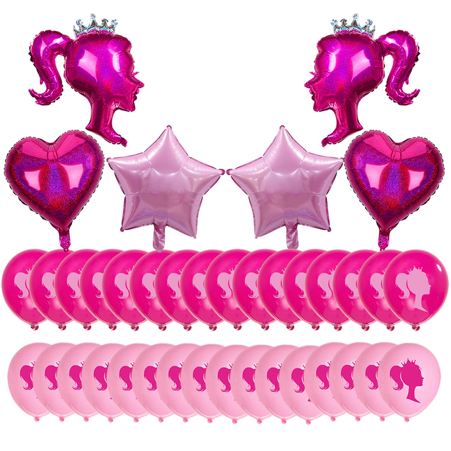 30pcs Hot Pink Princess Doll Foil Balloon Pink Heart Star Balloons Girl Head Latex Globos Kit For Princess Party Decorations Makeup Bachelorette Photo Backdrop Little Girl Adult Birthday Supply