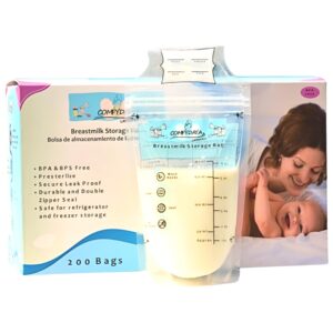 comfydaya safeshield breastmilk storage bags (50 count). ready to use. presterilize, bpa free, bps free, leak proof, double zipper, self standing, super strong and food grade material breast milk bag