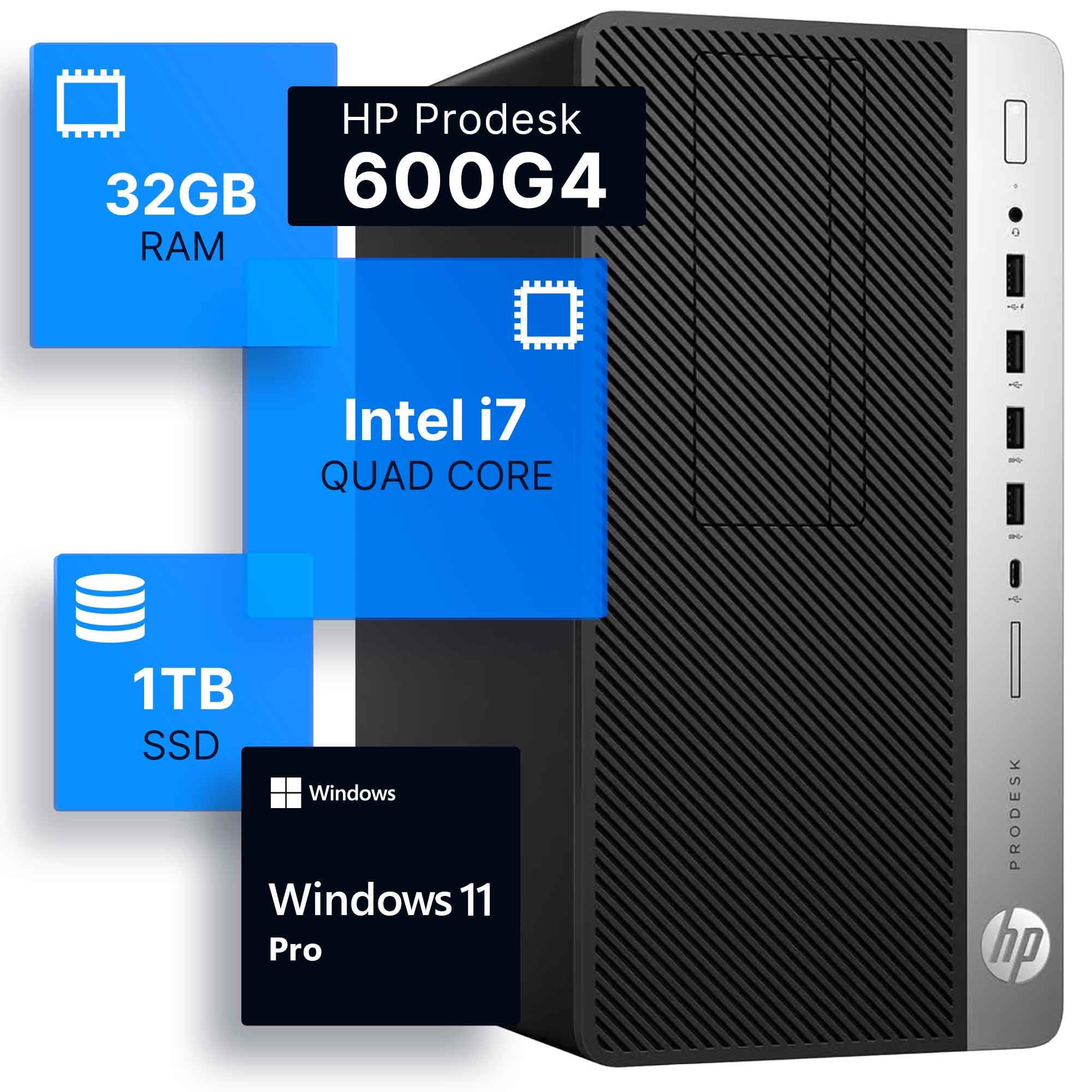 HP ProDesk 600G4 Tower Desktop Computer | Intel i7-8700 (3.4) | 32GB DDR4 RAM | 1TB SSD Solid State | Wi-Fi 5G + Bluetooth | Windows 11 Professional | Home or Office PC (Renewed)