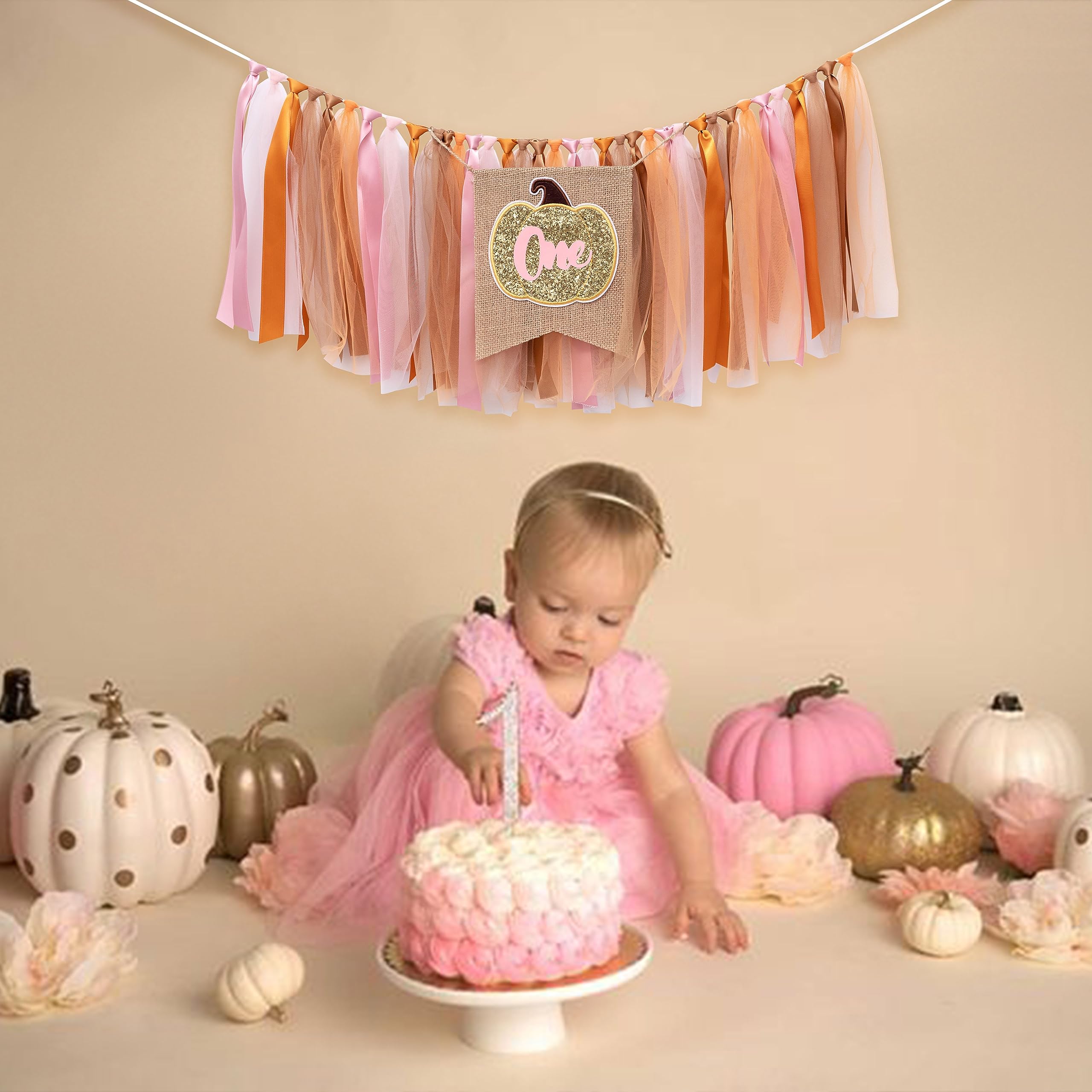 Gold Pumpkin Birthday High Chair Banner - Our Little Pumpkin Is Turning One HighChair Tutu Skirt Banner,Smash Cake Garland, 1st Birthday Photo Backdrop (Pumpkin TUTU)