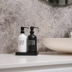 Prus Waso Soap Dispenser Set, Bathroom Countertop Soap Dispensers with Stainless Steel Pump and Black Tray, Perfect for Black and White Bathroom Decor. (Black & White)