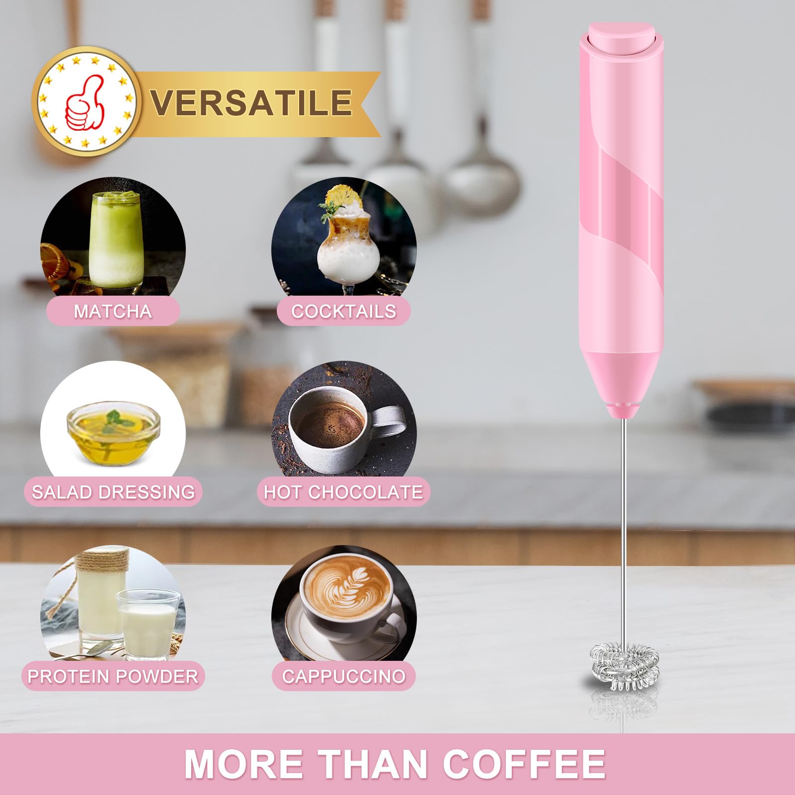 Double Whisk Milk Frother, Handheld Electric Blender stick, Drink Mixer with Food Grade Stainless Steel Stirrer, Battery Operated Foam Maker for Coffee, Cappuccino, Matcha,Hot Chocolate Latte, in Pink