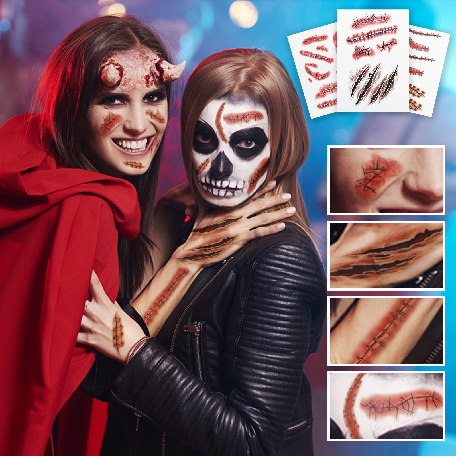 ROMROC Large Size 110PCS Halloween Temporary Tattoos 3D Temporary Makeup Kit 15 Sheets Horror Zombie Bloody Wound Tattoos Fake Stitches Tattoos for Women Men Kids Halloween Party Pranks(5A Size)