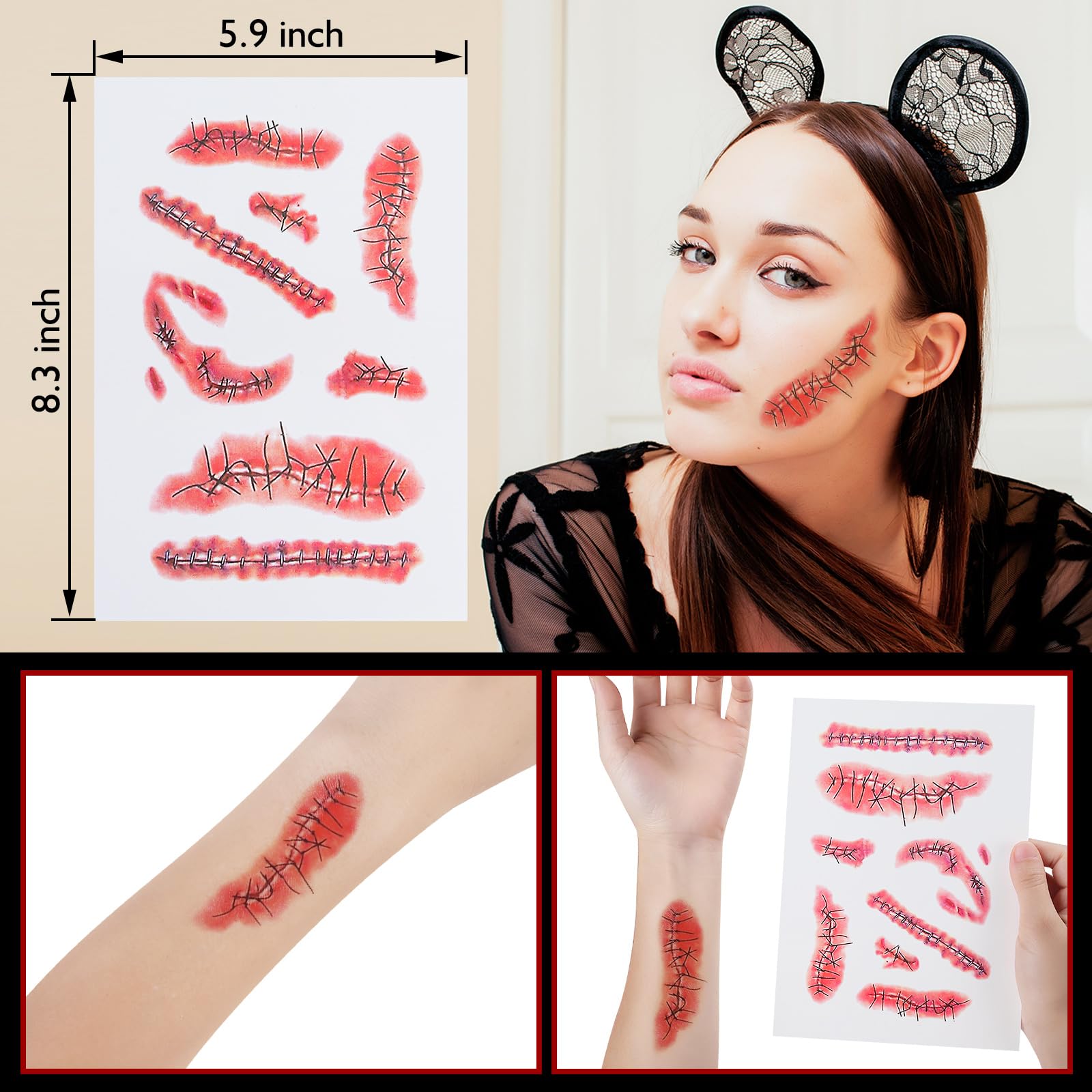 ROMROC Large Size 110PCS Halloween Temporary Tattoos 3D Temporary Makeup Kit 15 Sheets Horror Zombie Bloody Wound Tattoos Fake Stitches Tattoos for Women Men Kids Halloween Party Pranks(5A Size)