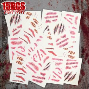 ROMROC Large Size 110PCS Halloween Temporary Tattoos 3D Temporary Makeup Kit 15 Sheets Horror Zombie Bloody Wound Tattoos Fake Stitches Tattoos for Women Men Kids Halloween Party Pranks(5A Size)