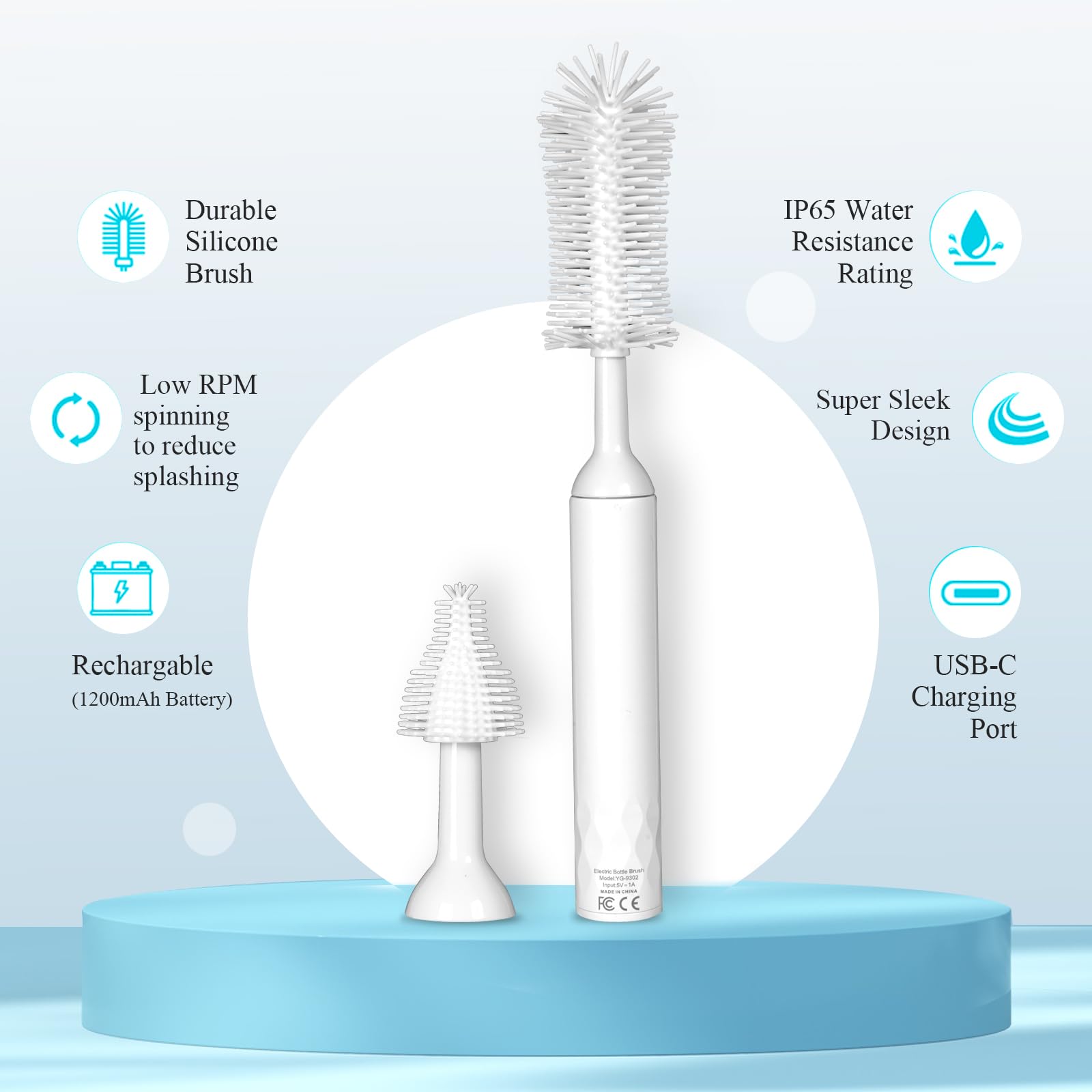 Electric Baby Bottle Brush, Rechargeable Cleaning Brush with Waterproof and Wall-Mounted Design, Silicone Bottle/Pacifier/Straw Brush, 360° Rotating Cleaning, for New Mom (White)