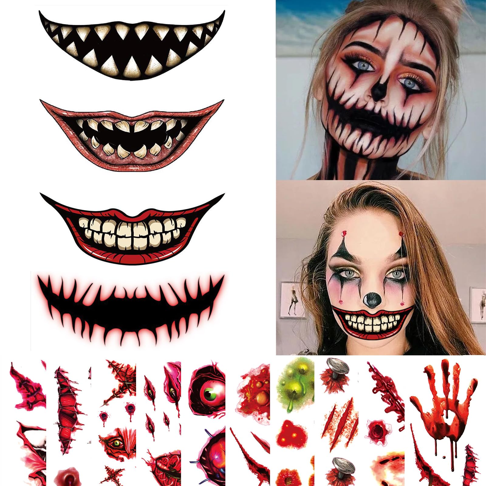 ATOMARS 15 Sheet Scary Halloween Face Tattoos for Kids Adults,Halloween Temporary Tattoos for Kids Face Tattoos for Women with 1PC Halloween Glow in the Dark Tattoos