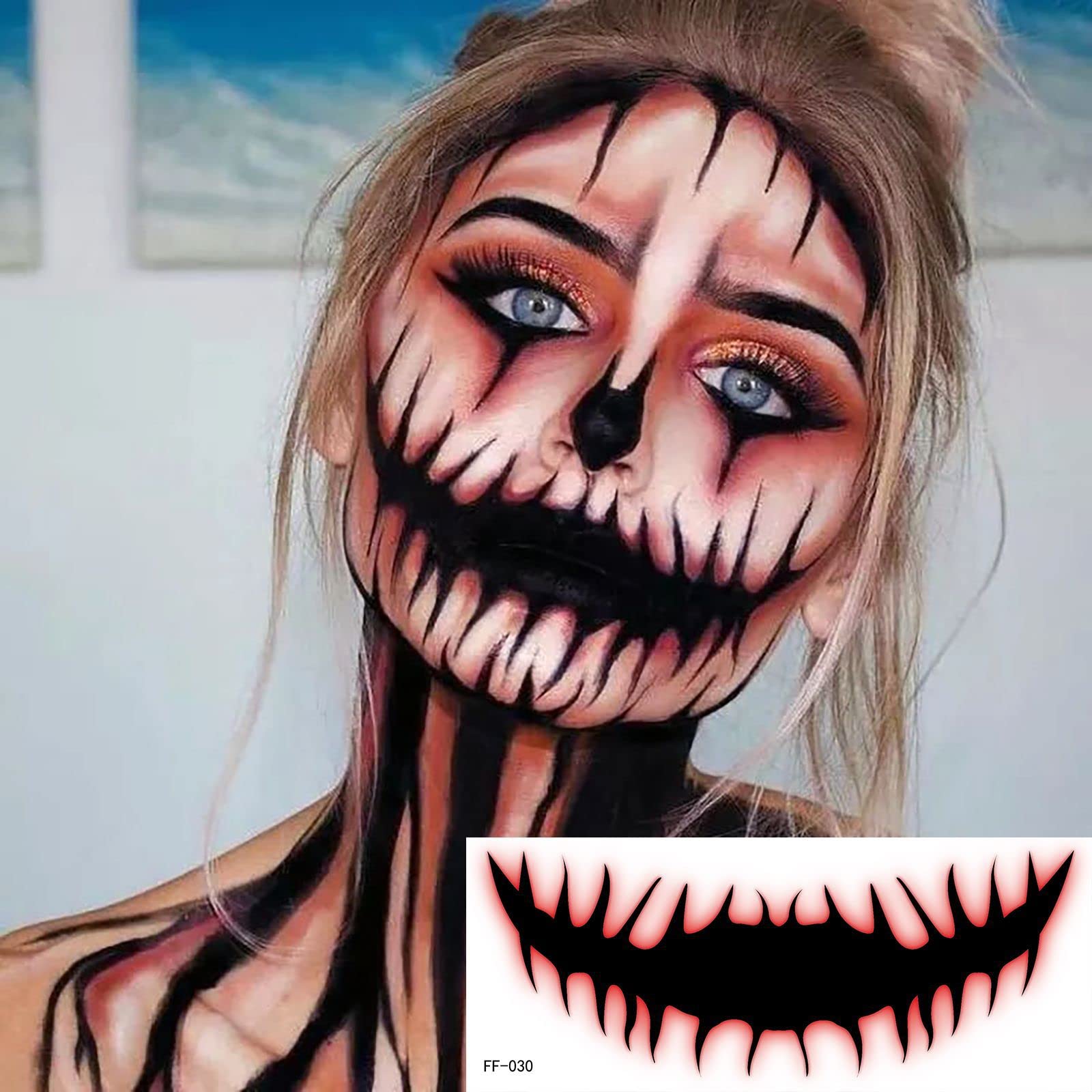 ATOMARS 15 Sheet Scary Halloween Face Tattoos for Kids Adults,Halloween Temporary Tattoos for Kids Face Tattoos for Women with 1PC Halloween Glow in the Dark Tattoos