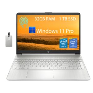 hp 15.6” hd touchscreen laptop, intel core i3-1215u processor, 32gb ram, 1tb pcie ssd, intel uhd graphics, hd webcam, numpad, wi-fi 5, bluetooth, silver, win 11 pro, 32gb usb card