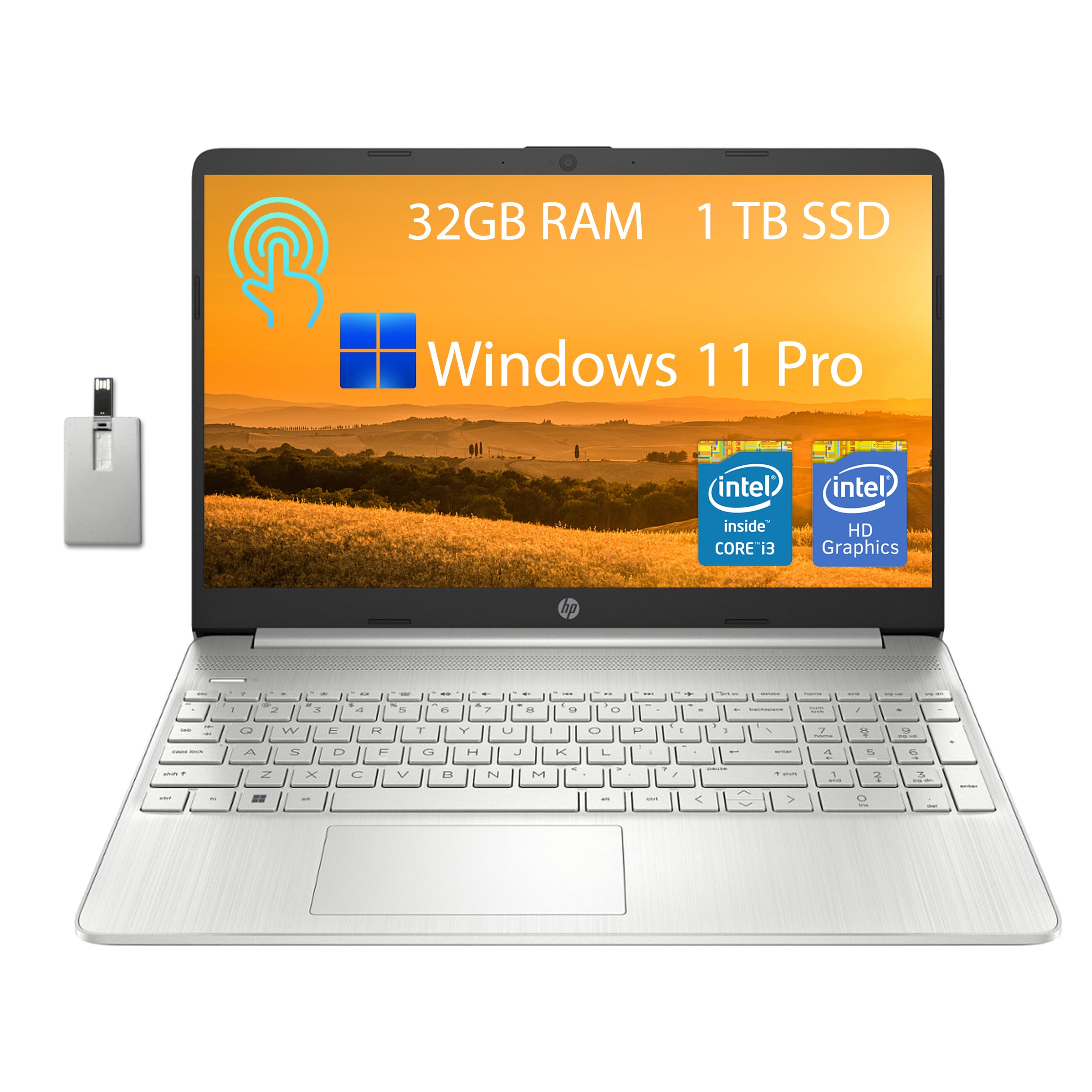 HP 15.6” HD Touchscreen Laptop, Intel Core i3-1215U Processor, 32GB RAM, 1TB PCIe SSD, Intel UHD Graphics, HD Webcam, Numpad, Wi-Fi 5, Bluetooth, Silver, Win 11 Pro, 32GB USB Card