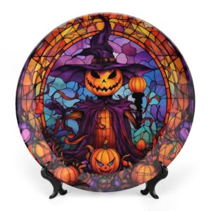 decorative plates for home decor, halloween scarecrow jack-o-lantern stained glass design decor tray for table display, ceramic dinner plate w/ stand, living room decor, gifts for halloween, 7 inch
