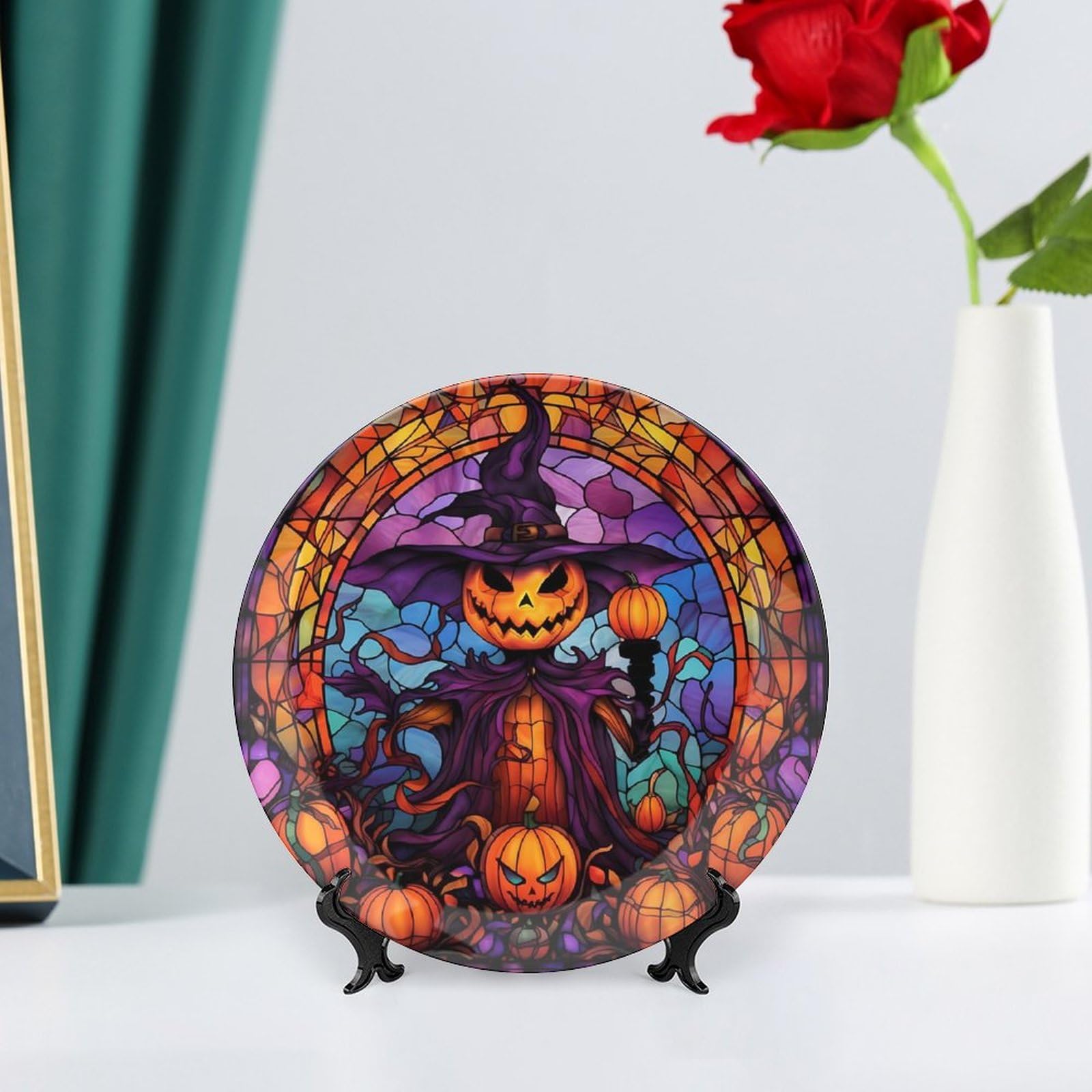 Decorative Plates for Home Decor, Halloween Scarecrow Jack-O-Lantern Stained Glass Design Decor Tray for Table Display, Ceramic Dinner Plate W/ Stand, Living Room Decor, Gifts for Halloween, 7 Inch