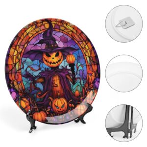 Decorative Plates for Home Decor, Halloween Scarecrow Jack-O-Lantern Stained Glass Design Decor Tray for Table Display, Ceramic Dinner Plate W/ Stand, Living Room Decor, Gifts for Halloween, 7 Inch