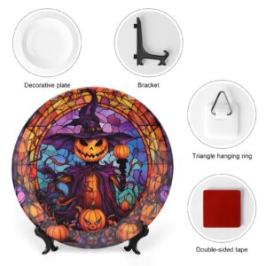 Decorative Plates for Home Decor, Halloween Scarecrow Jack-O-Lantern Stained Glass Design Decor Tray for Table Display, Ceramic Dinner Plate W/ Stand, Living Room Decor, Gifts for Halloween, 7 Inch