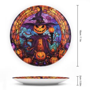 Decorative Plates for Home Decor, Halloween Scarecrow Jack-O-Lantern Stained Glass Design Decor Tray for Table Display, Ceramic Dinner Plate W/ Stand, Living Room Decor, Gifts for Halloween, 7 Inch