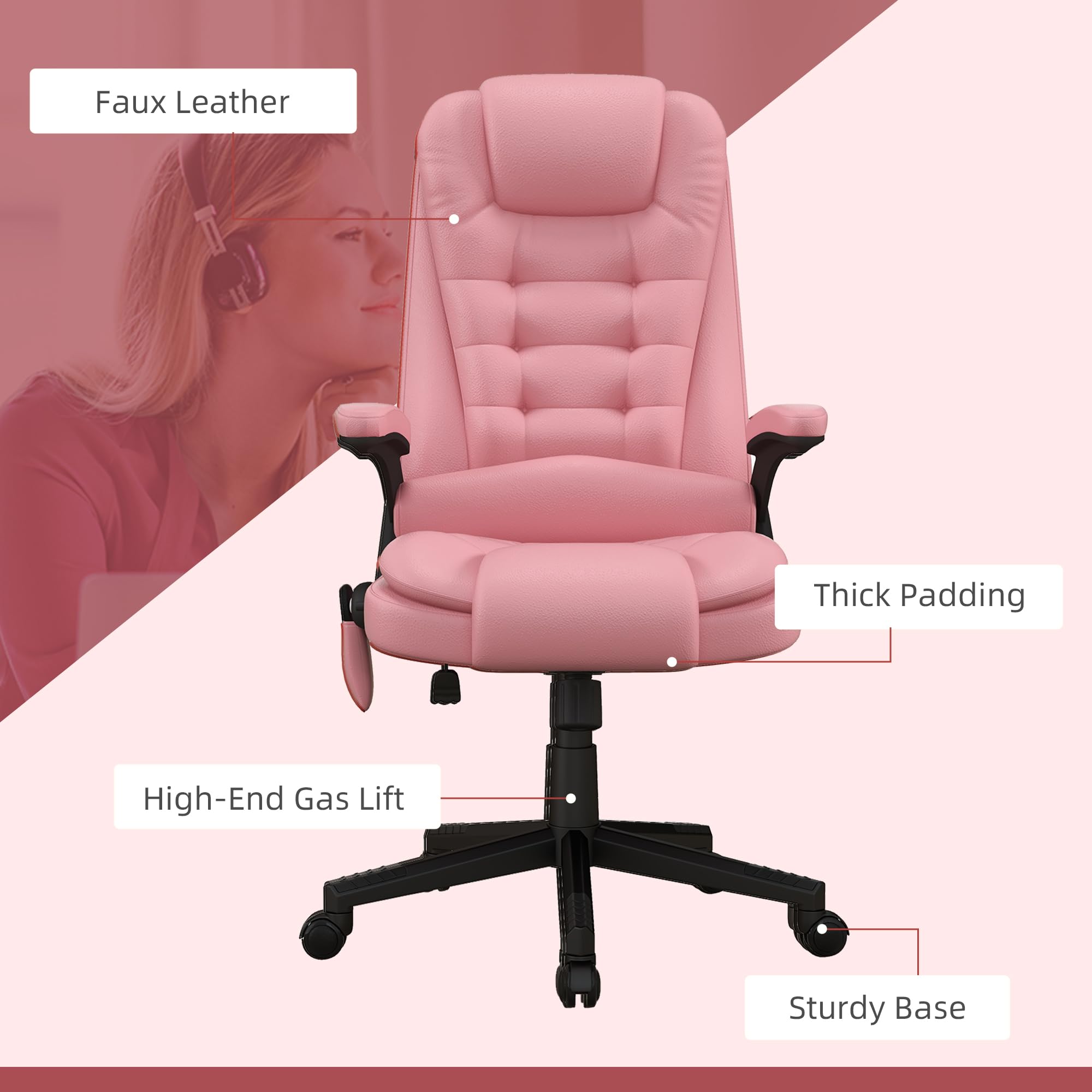 HOMCOM High Back Vibration Massage Office Chair with 6 Vibration Points, Heated Reclining PU Leather Computer Chair with Armrest and Remote, Pink