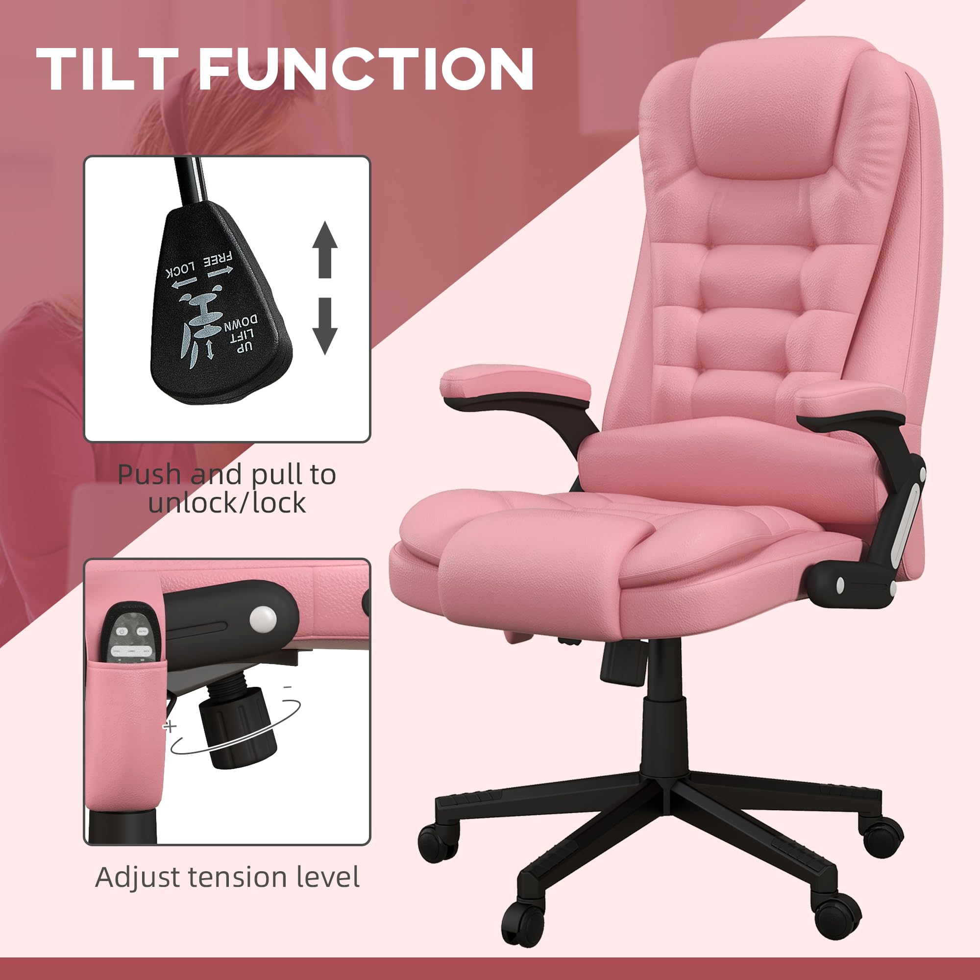 HOMCOM High Back Vibration Massage Office Chair with 6 Vibration Points, Heated Reclining PU Leather Computer Chair with Armrest and Remote, Pink