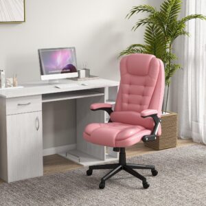 HOMCOM High Back Vibration Massage Office Chair with 6 Vibration Points, Heated Reclining PU Leather Computer Chair with Armrest and Remote, Pink