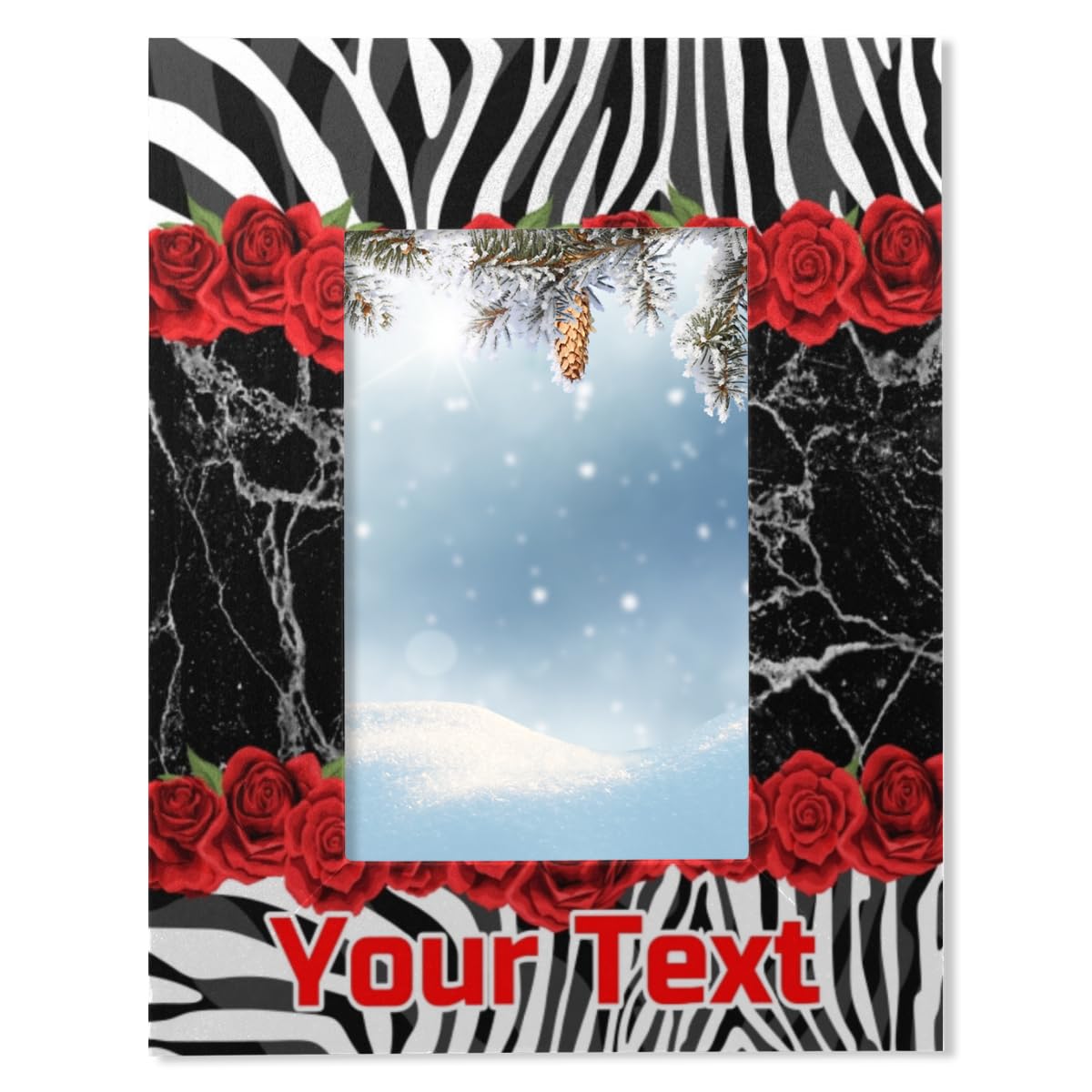 Herdesigns Red Rose Flower 4x6 Picture Frame Personalized Custom Text Name Marble Zebra Texture Wooden Picture Frame for Wall and Tabletop Display, Photo Picture Frame Customized Gift