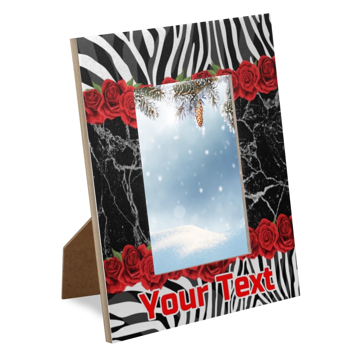 Herdesigns Red Rose Flower 4x6 Picture Frame Personalized Custom Text Name Marble Zebra Texture Wooden Picture Frame for Wall and Tabletop Display, Photo Picture Frame Customized Gift