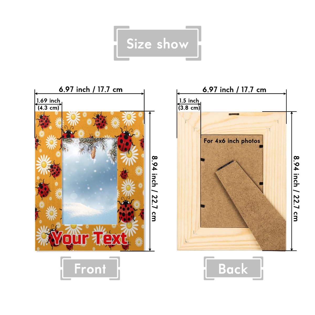 Herdesigns Ladybugs Daisy 4x6 Picture Frame Personalized Custom Text Name Red Ladybugs Wooden Picture Frame for Wall and Tabletop Display, Photo Picture Frame Customized Gift