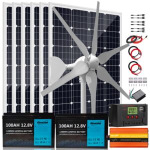 1120w 24v solar wind power kit home off-grid system for charging battery：2x 100ah lithium battery + 400w wind turbine generator + 6x 120w mono solar panel+ charge controller + 3000w inverter