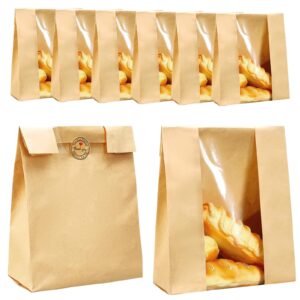 50 pack kraft sourdough bread bags with thank you stickers,large paper bakery bags with clear window for homemade bread, baked food packaging storage,bread bags(13.7x8.2x3.5 inch) (brown)