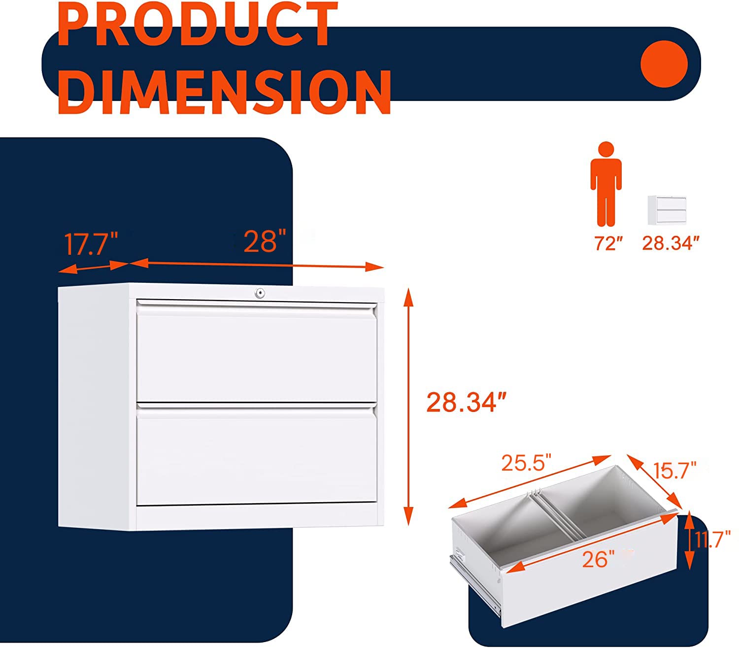 Greenvelly White File Cabinet 2 Drawer, Lateral Filing Cabinet with Lock