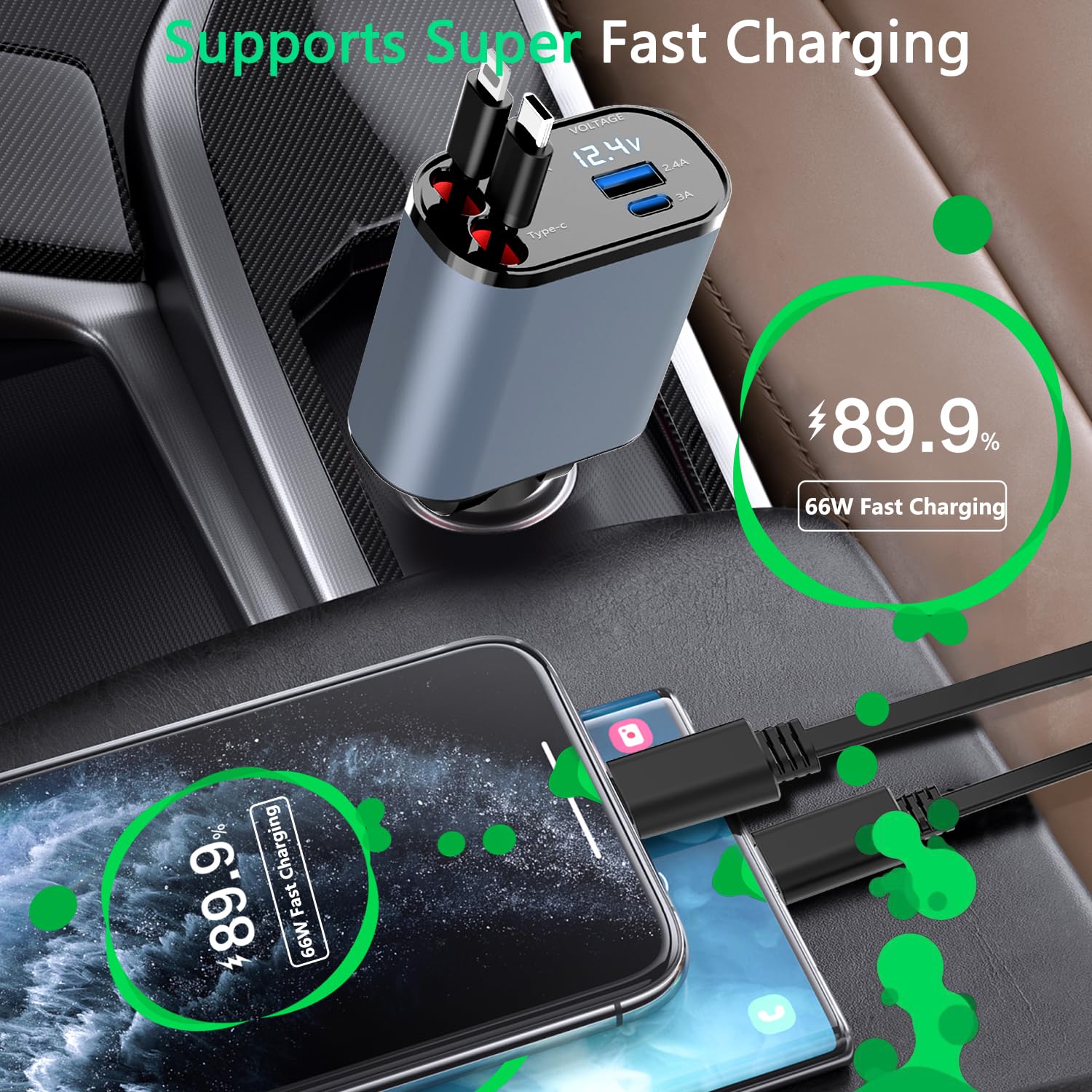 Paiholy Retractable Car Charger,4 in 1 Fast USB C Car Charger 100W with Dual Retractable Cable Dual USB Ports,Voltage Display Car Charger Compatible with iPhone 15 Pro Max/14/13/12,Galaxy S23/ S22/S10