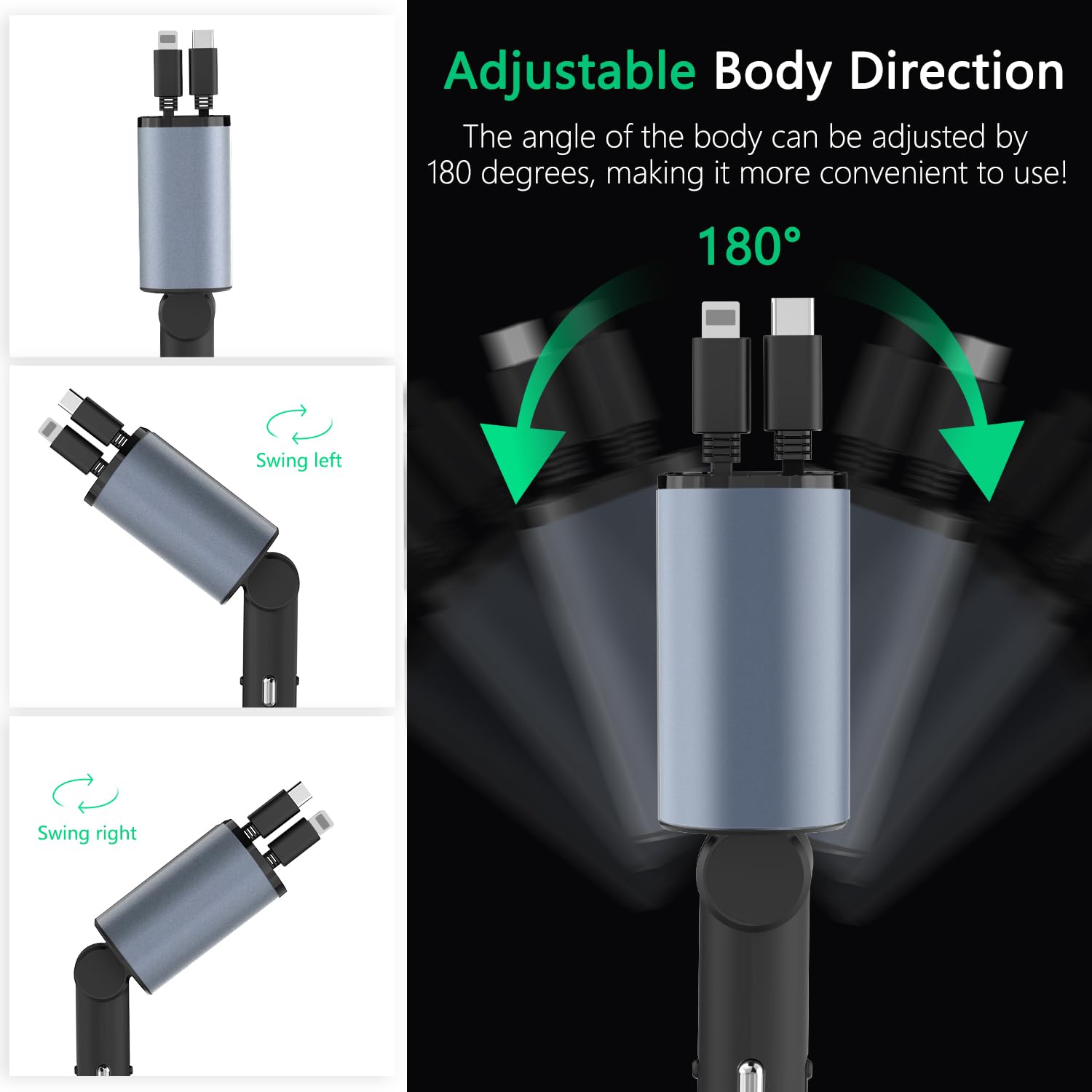 Paiholy Retractable Car Charger,4 in 1 Fast USB C Car Charger 100W with Dual Retractable Cable Dual USB Ports,Voltage Display Car Charger Compatible with iPhone 15 Pro Max/14/13/12,Galaxy S23/ S22/S10