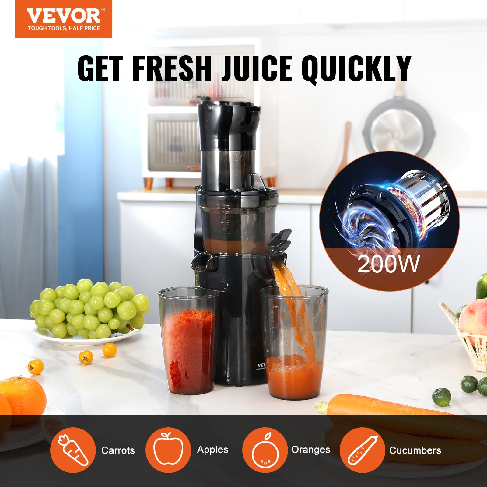 VEVOR Masticating Juicer, Cold Press Juicer Machine, Juice Extractor Maker with High Juice Yield, Easy to Clean with Brush, for High Nutrient Fruits Vegetables (Standard)