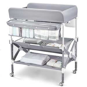 babevy portable baby changing table, foldable diaper change table with wheels, adjustable height, cleaning bucket, changing station for infant mobile nursery organizer for newborn (light grey)