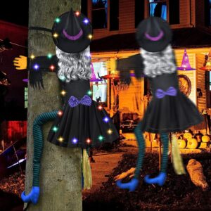 63" Large Crashing Witch Into Tree Halloween Decoration with Led Lights, Hanging Witch Cute Halloween Decorations Outdoor Crashed Witch Props Ornaments for Front Yard Tree Porch Lawn Garden Patio