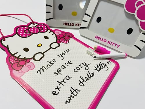 Hello Kitty Room Decor Set - 2 Hello Kitty Picture Frames Red & Pink - With Thematic 2-Sided Dry Erase Board for Weekly Schedule and Free Writing Space