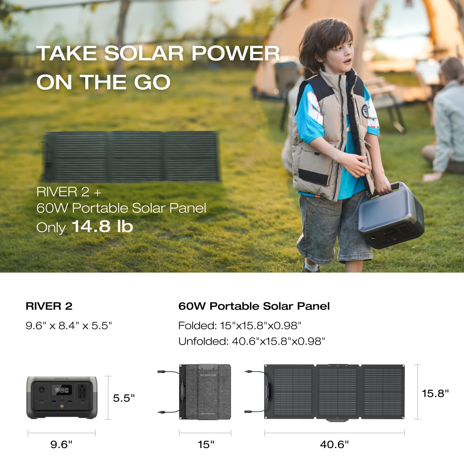 EF ECOFLOW Portable Power Station RIVER 2 with 60W Solar Panel, 256Wh LiFePO4 Battery/ 1 Hour Fast Charging, Up to 600W Output, Solar Generator for Outdoor Camping/RVs/Home Use