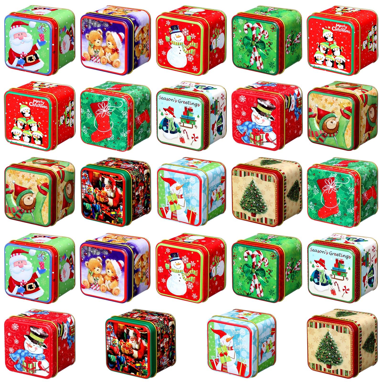 Domensi 24 Pcs Christmas Cookie Tins with Lids Square Candy Metal Cookie Tins Empty Retro Xmas Metal Gift Box Large Capacity Xmas Tin Containers for Holiday Storing Cookies Candies Treat (square)