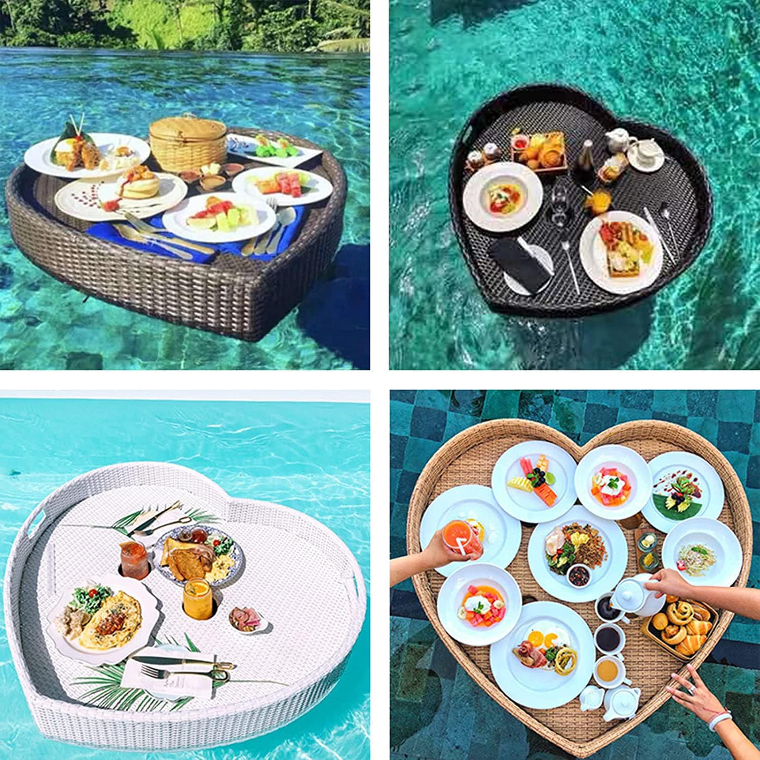 Floating Serving Tray Table,Swimming Pool Floating Serving Tray,Floating Rattan Woven Food Tray with Handles,Heart-Shaped Rattan Woven Serving Tray,Apricot