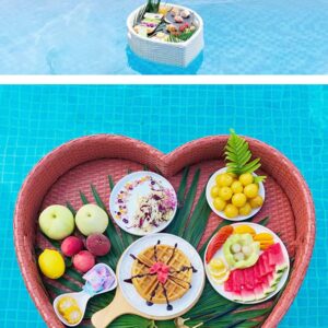 Floating Serving Tray Table,Swimming Pool Floating Serving Tray,Floating Rattan Woven Food Tray with Handles,Heart-Shaped Rattan Woven Serving Tray,Apricot