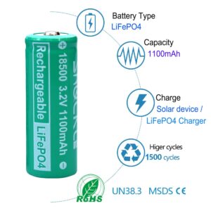 funkawa 18500 3.2V Solar Batteries, shockli 18500 3.2 Volt 1100mAh LiFePO4 Rechargeable Solar Battery for Outdoor Solar Lights (2-Pack)