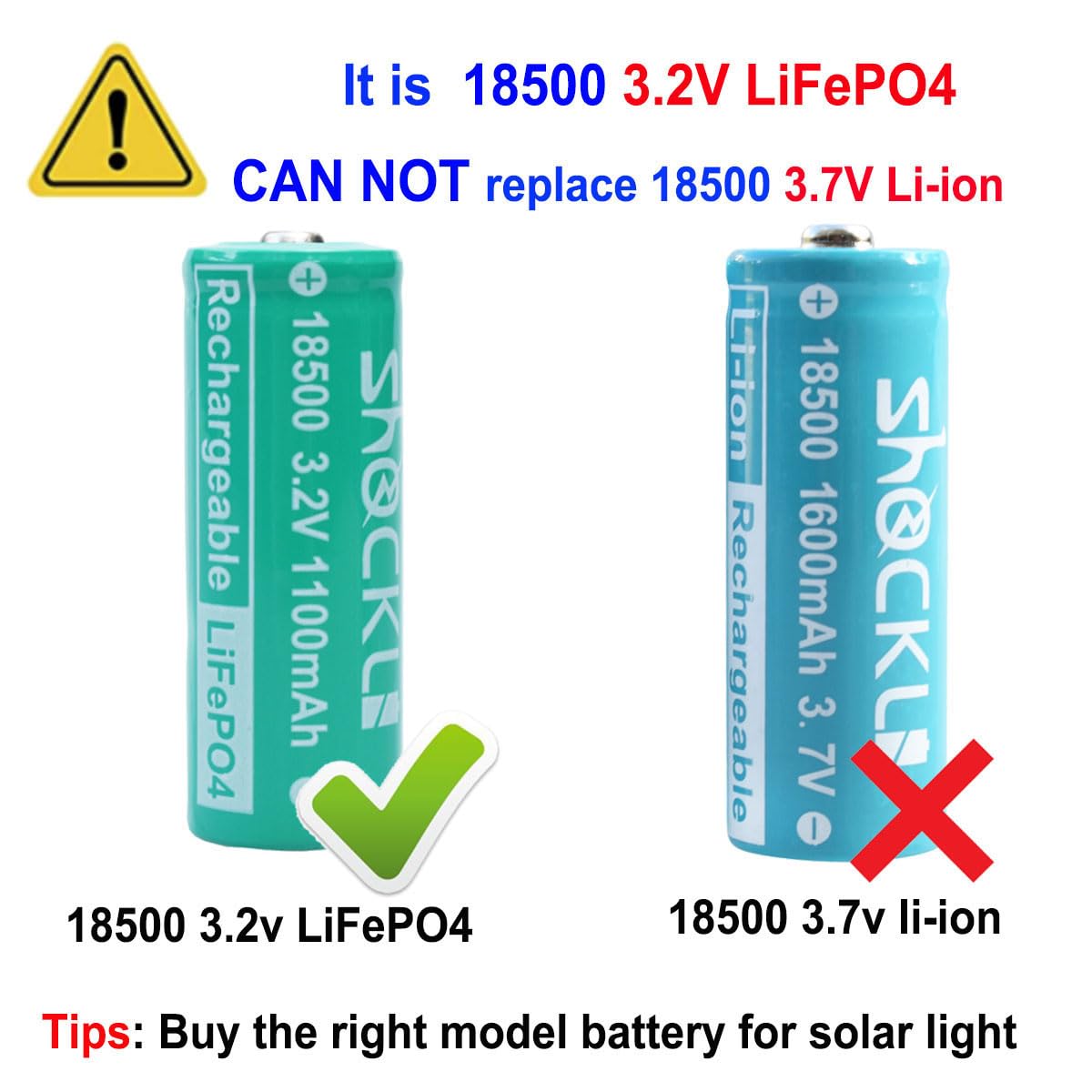 funkawa 18500 3.2V Solar Batteries, shockli 18500 3.2 Volt 1100mAh LiFePO4 Rechargeable Solar Battery for Outdoor Solar Lights (2-Pack)