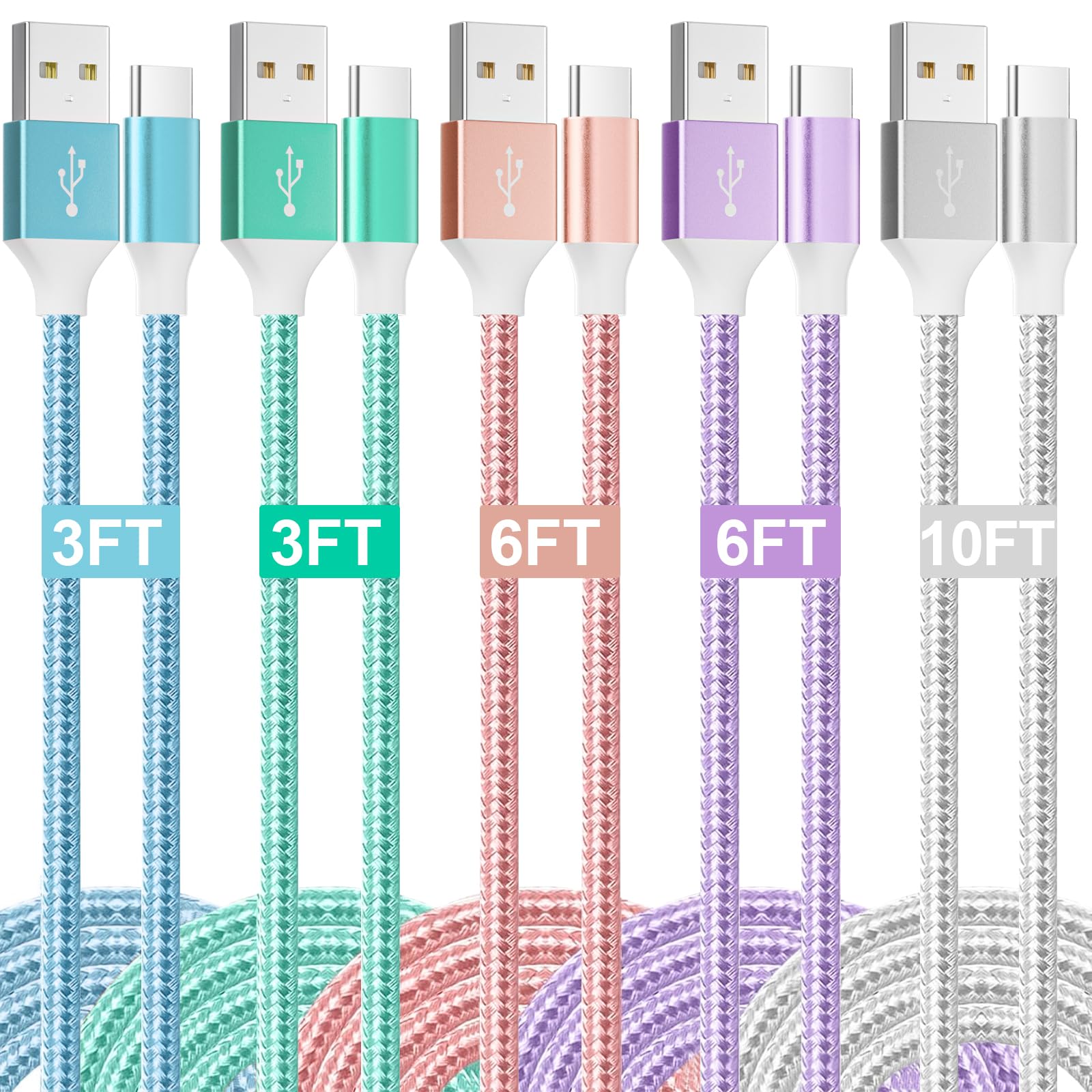 HKYUSHINE USB to USB C Charger Cable, 5 Pack(3/3/6/6/10FT) Type C Charger Fast Charging Cord 3.1A Nylon Braided Android Charger Type C Cable for Samsung Galaxy S23 S22, Google Pixel, LG, iPhone 15