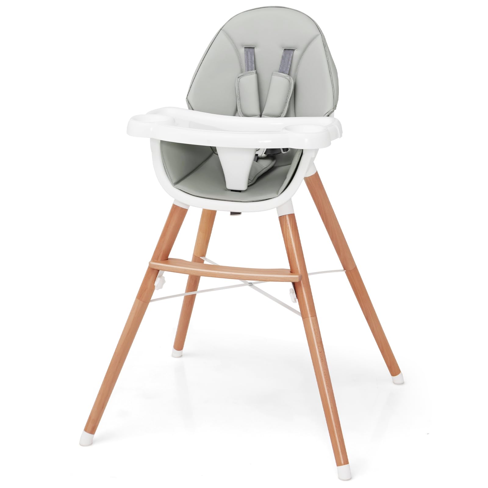 HONEY JOY Baby High Chair, Eat & Grow Beech Wooden Highchair for Babies and Toddlers, Removable Double-Layer Food Tray, 5-Point Harness, PU Cushion and Footrest for Infants Boys Girls (Gray)