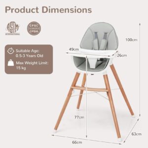 HONEY JOY Baby High Chair, Eat & Grow Beech Wooden Highchair for Babies and Toddlers, Removable Double-Layer Food Tray, 5-Point Harness, PU Cushion and Footrest for Infants Boys Girls (Gray)