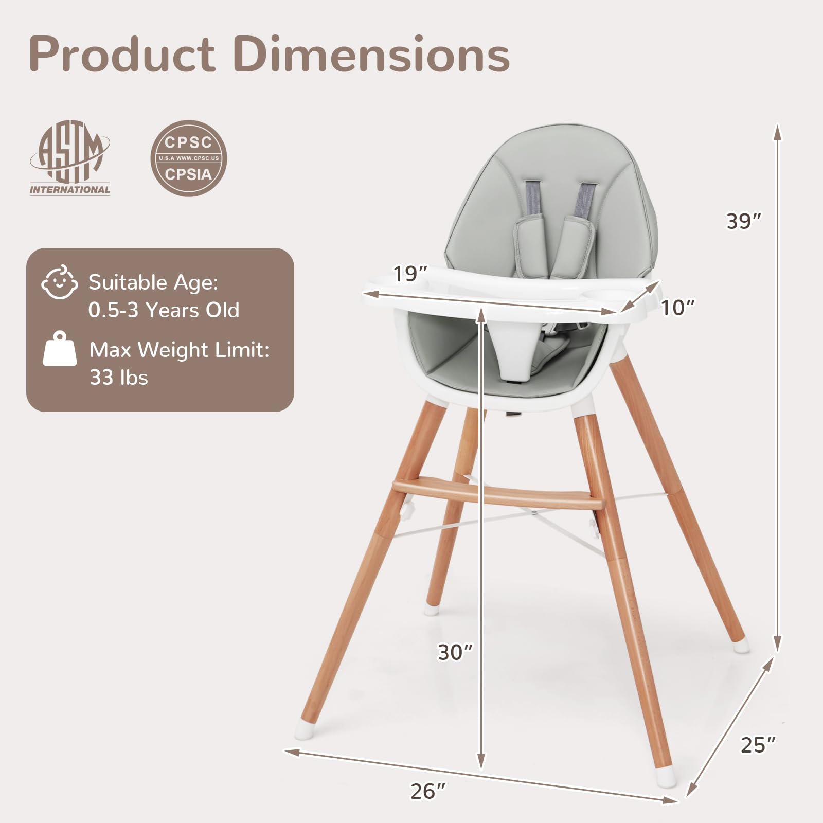 HONEY JOY Baby High Chair, Eat & Grow Beech Wooden Highchair for Babies and Toddlers, Removable Double-Layer Food Tray, 5-Point Harness, PU Cushion and Footrest for Infants Boys Girls (Gray)