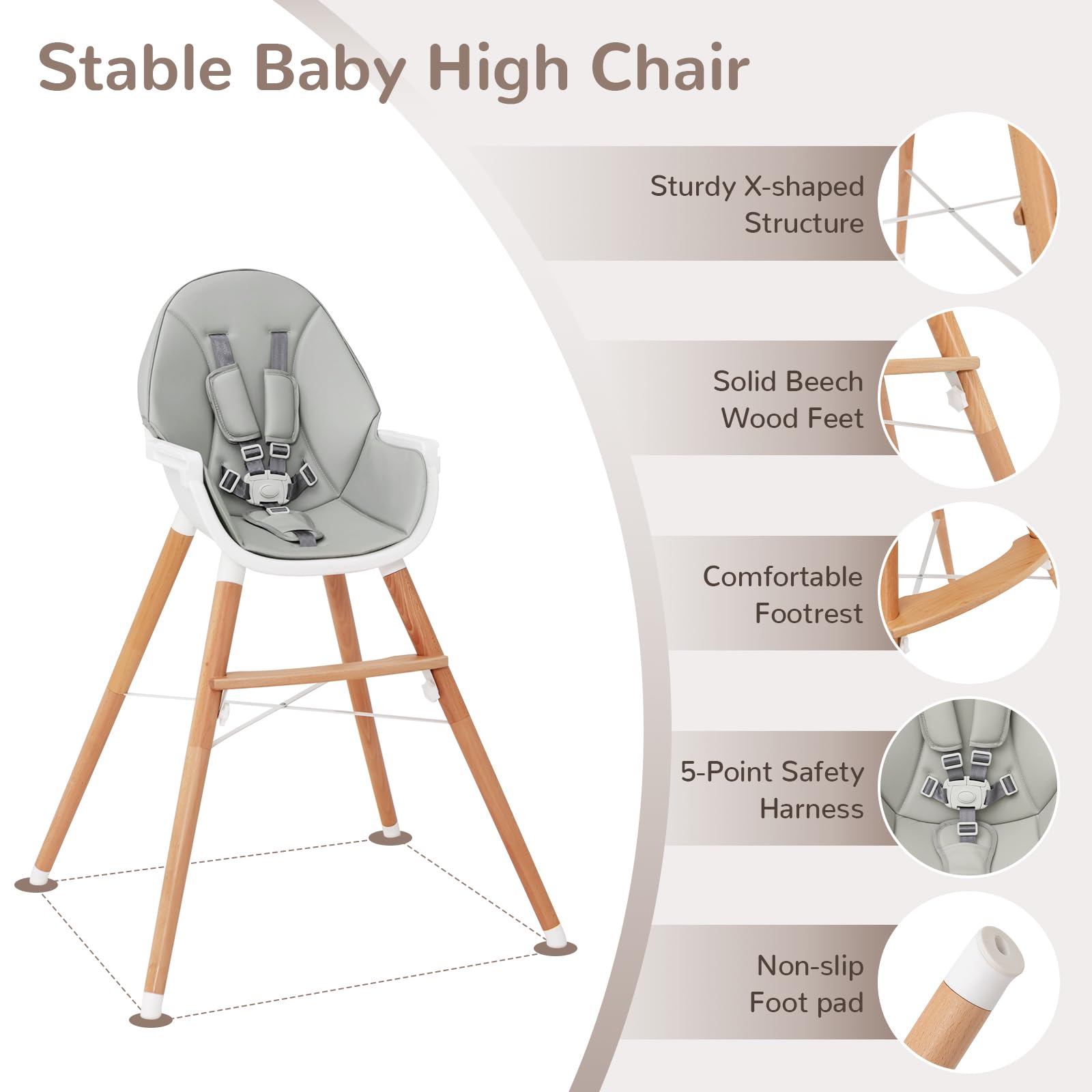 HONEY JOY Baby High Chair, Eat & Grow Beech Wooden Highchair for Babies and Toddlers, Removable Double-Layer Food Tray, 5-Point Harness, PU Cushion and Footrest for Infants Boys Girls (Gray)